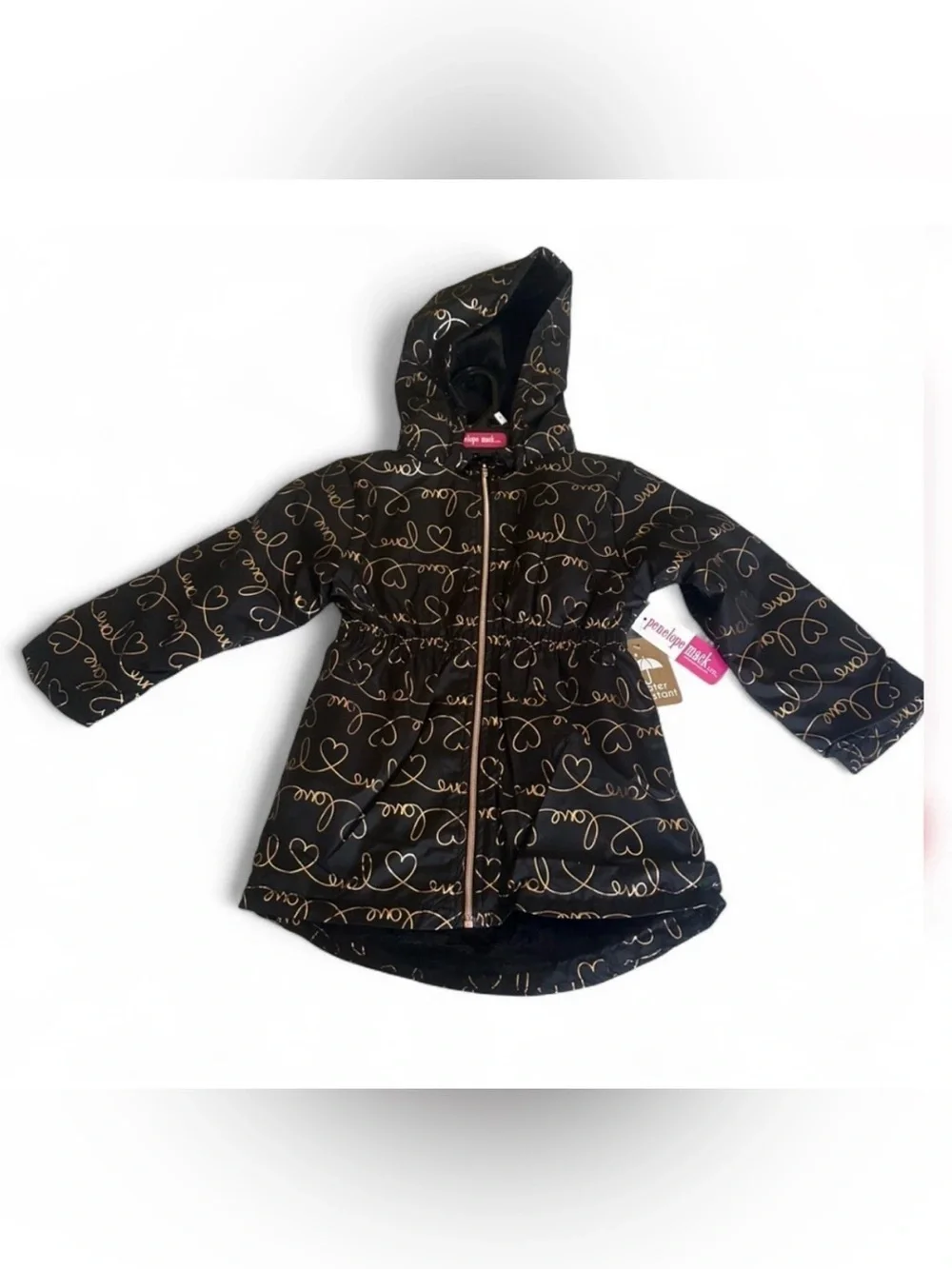 NWT Penelope Mack Girls Black Hooded Jacket with Gold Heart Script - Picture 1 of 5